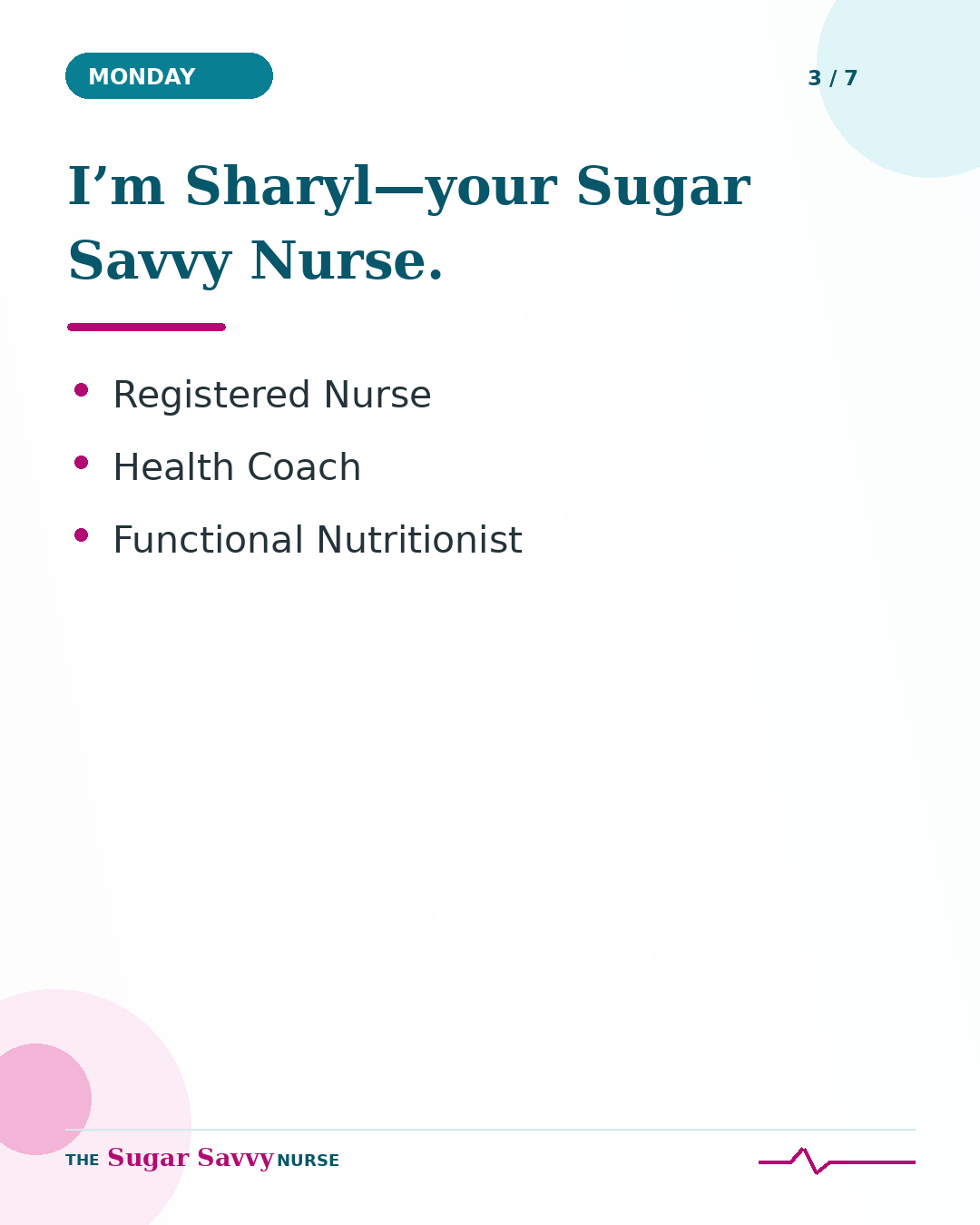 Sharyl is a registered nurse, health coach, and functional nutritionist.